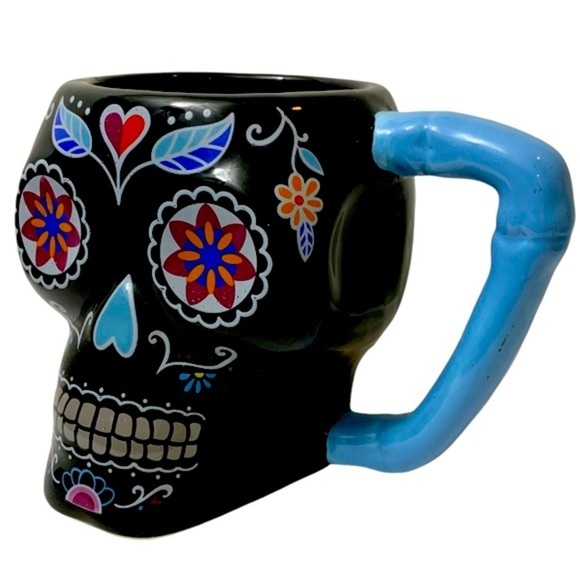 Sugar Skull Jumbo Day of the Dead Ceramic Mug Large Multicolor Black 16 Oz - Picture 11 of 11